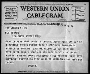 Caption: A Duveen Brothers original London cablegram dated September 29, 1941. © J. Paul Getty Trust.