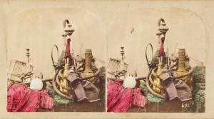 Caption: Paraphernalia and decorative items including a hookah, vase and fabrics. William Morris Grundy; 1857. Ken and Jenny Jacobson Orientalist Photography Collection. © J. Paul Getty Trust.