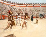 © AKG297680: Gladiator Fight in Pompeii, watercolor by Peter Connolly. akg-images / Peter Connolly