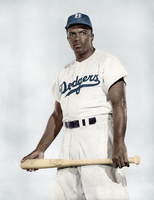 JACKIE ROBINSON (1919-1972). American baseball player. Photograph, 1950, digitally colorized by Granger, NYC.